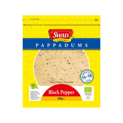 Swad Pappadums Black Pepper | Crispy Indian Lentil Snacks | Ready-to-Fry | 200g Pack