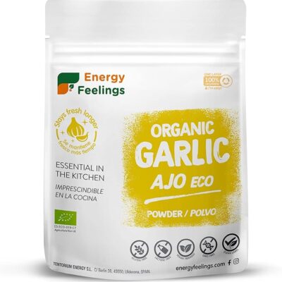 Energy Feelings Organic Dehydrated Garlic Powder 200 g, Ground Garlic Granules Organic 100% Natural No Additives or Added Sugars Vegan Gluten Free, Ideal as a Spice for Cooking