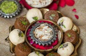 Diwali Sweets in Spain - plate of assorted Indian mithai for sharing