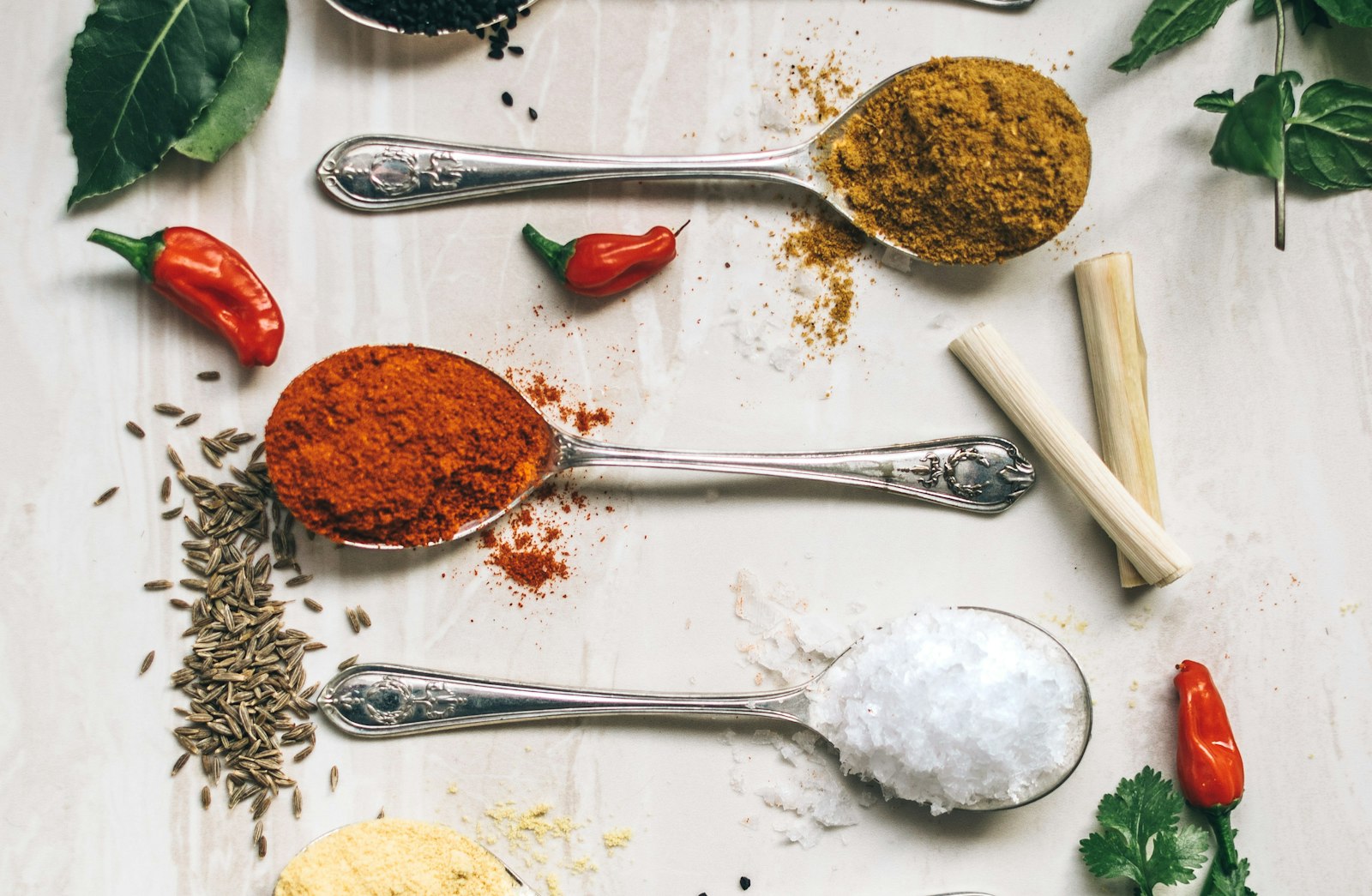 Indian Spices in Spain - spoons of turmeric, chilli and ground masalas