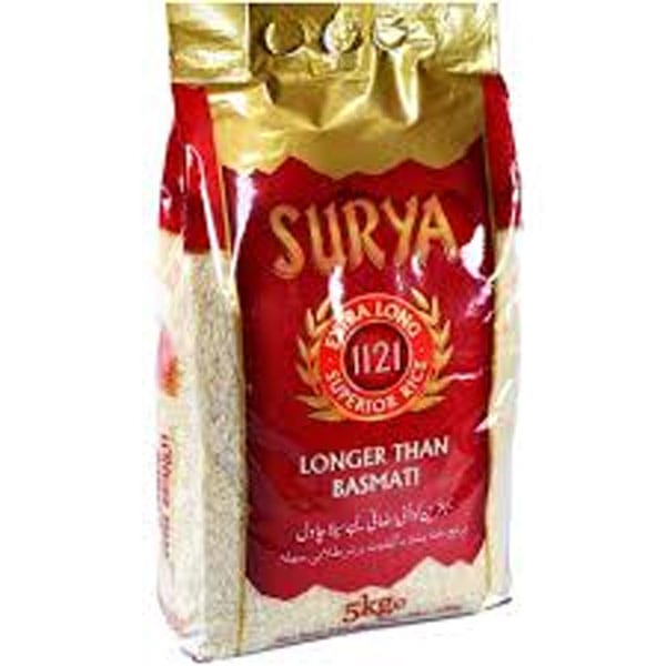 surya-extra-long-basmati-rice-5-kg.jpg Surya Extra Long Basmati Rice 5KG | Premium Aromatic Rice | Fluffy & Non-Sticky - Image 1