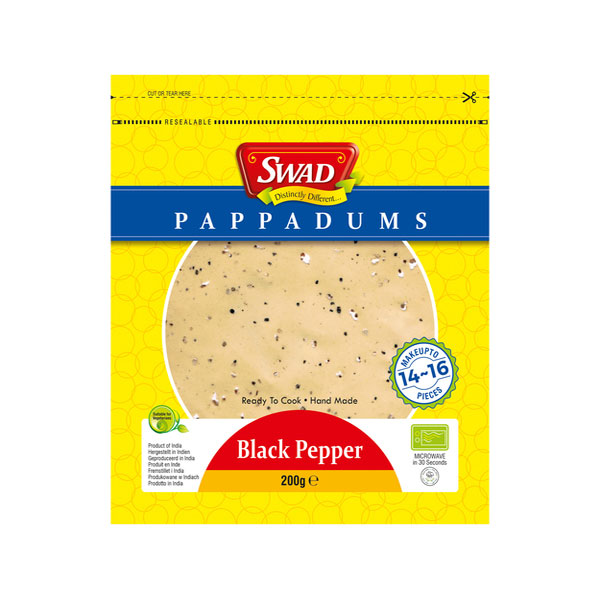 swad-pappadums-Black-paper.jpg Swad Pappadums Black Pepper | Crispy Indian Lentil Snacks | Ready-to-Fry | 200g Pack - Image 1