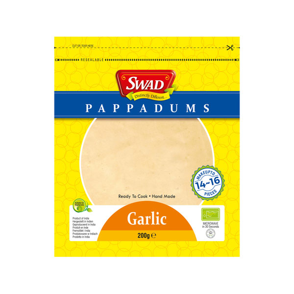 swad-pappadums-Garlic.jpg Swad Pappadums Garlic | Crispy Indian Lentil Snacks | Ready-to-Fry | 200g Pack - Image 1